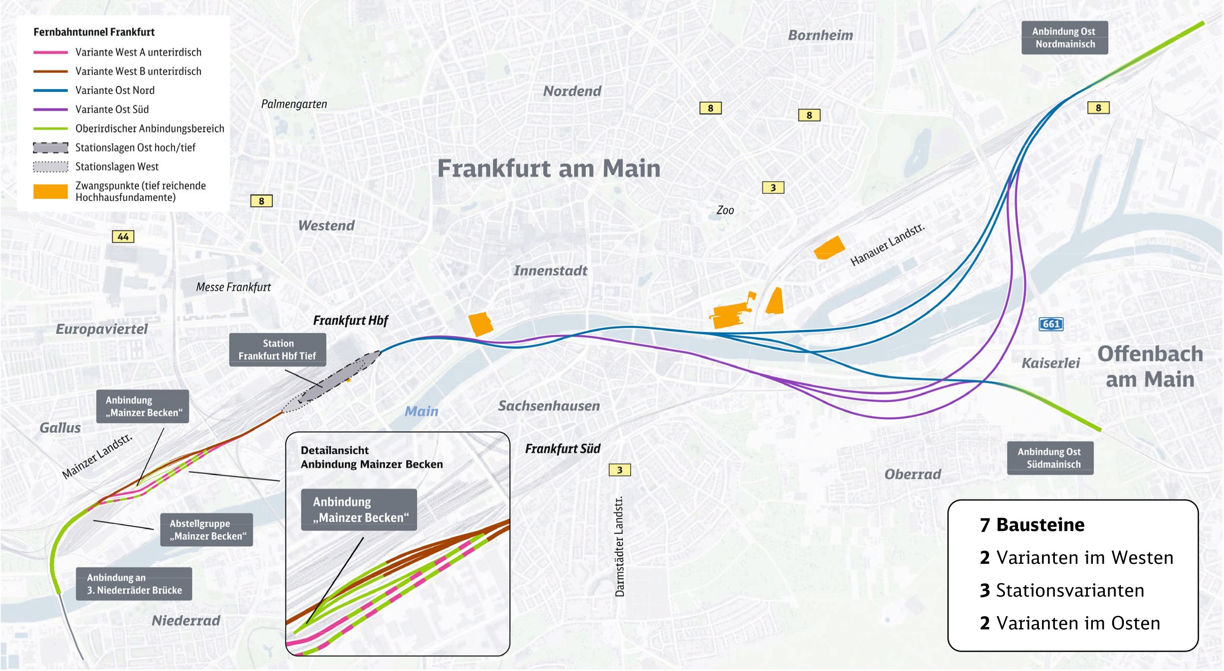 Eine Karte der verschiedenen Varianten des Fernbahntunnels Frankfurt.